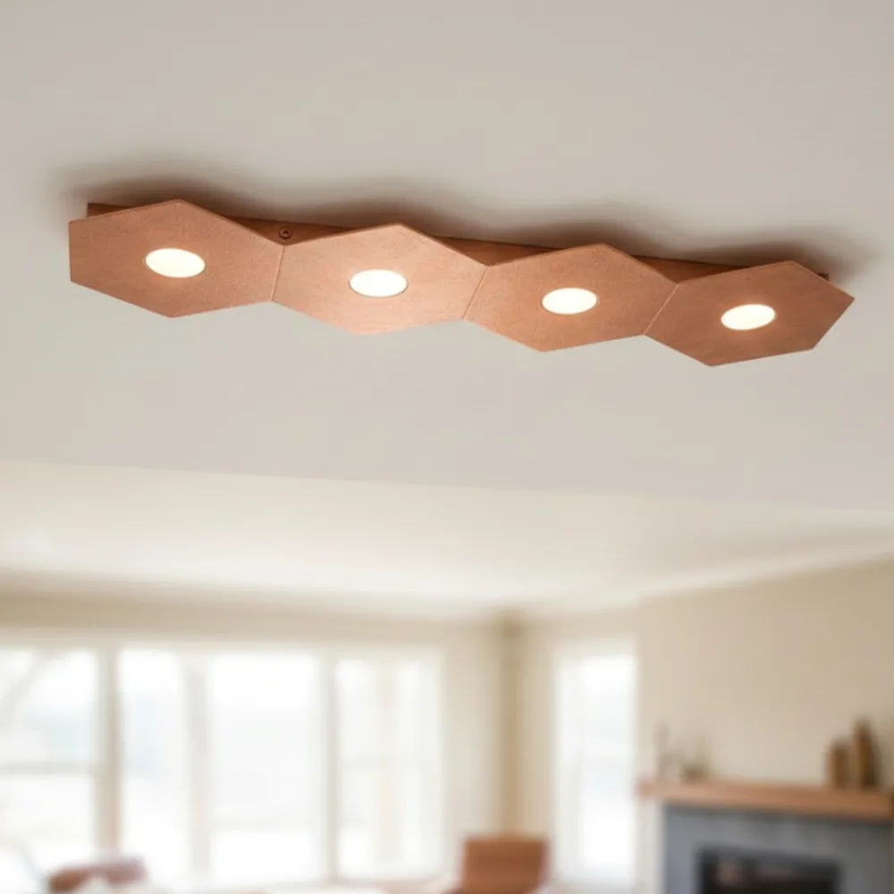 Plafoniere Moderne-Top Light Hexagon plafoniera toplight rettangolare 4 luci metallo foglia rame per cucina