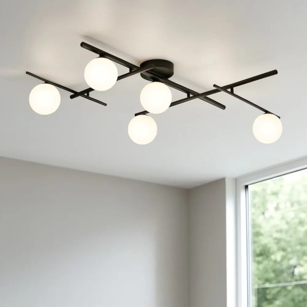 Plafoniere Moderne-Ideal Lux atlas pl5 plafoniera nera 5 bocce vetro bianco moderna