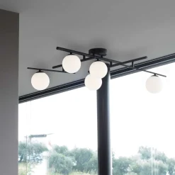 Plafoniere Moderne-Ideal Lux atlas pl5 plafoniera nera 5 bocce vetro bianco moderna