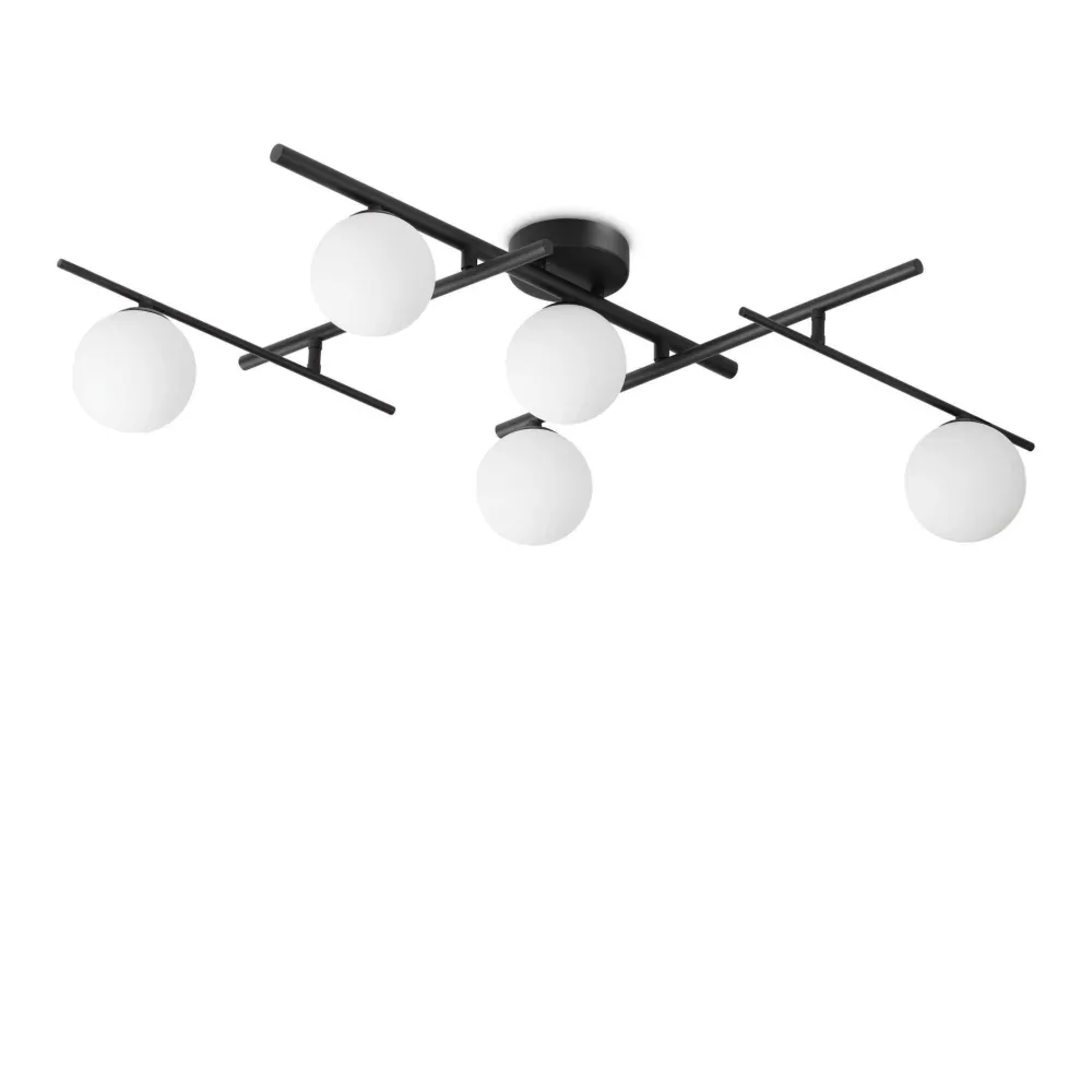 Plafoniere Moderne-Ideal Lux atlas pl5 plafoniera nera 5 bocce vetro bianco moderna