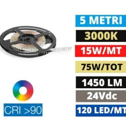 Strisce Led-Ideal Lux bobina 5mt striscia led 14,4w-mt 3000k 24v dc cri90