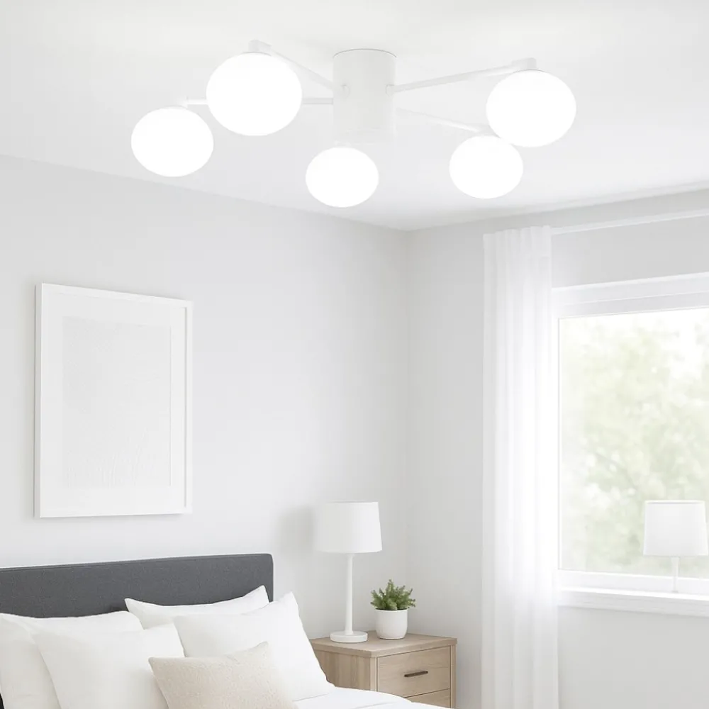 Plafoniere Moderne-Ideal Lux hermes pl5 d90 plafoniera 5 sfere vetro bianco per salotto moderna