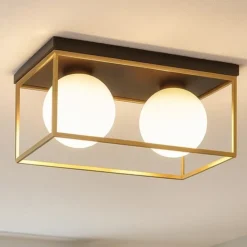 Plafoniere Moderne-Ideal Lux lingotto pl2 plafoniera due luci rettangolare metallo nero e oro
