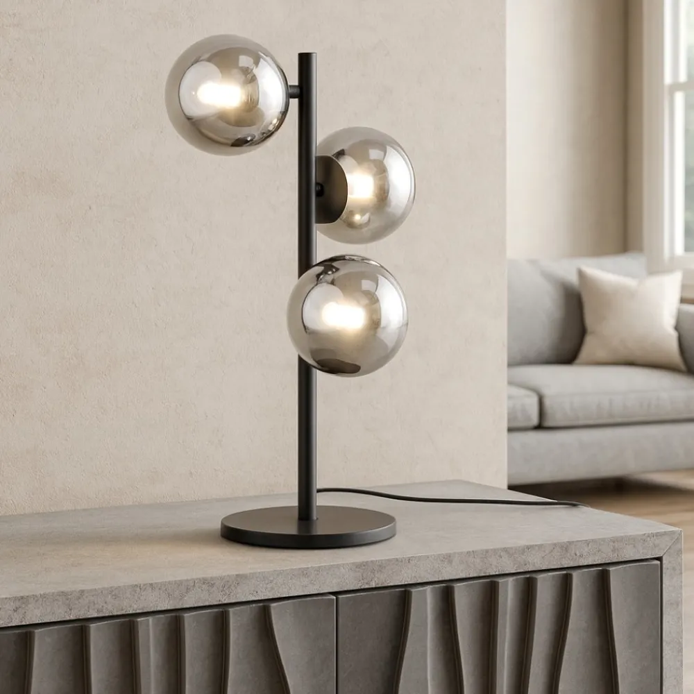 Lampade Da Tavolo-Ideal Lux perlage tl3 lampada da tavolo tre luci sfere fume' metallo nero