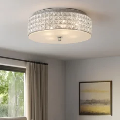 Plafoniere Moderne-Ideal Lux roma pl6 plafoniera camera da letto 40cm rotonda cromo cristalli trasparenti