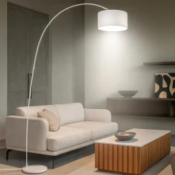 Lampade Da Terra-Selezionato da Mazzolaluce Lampada ad arco bianca moderna con paralume cilindro tessuto