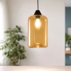 Lampade A Sospensione-Fabas Luce Lampada a sospensione cilindro di vetro ambra silo