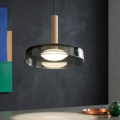 Lampade A Sospensione-Selezionato da Mazzolaluce Lampada a sospensione design vetro fume legno led 3000k dimmerabile
