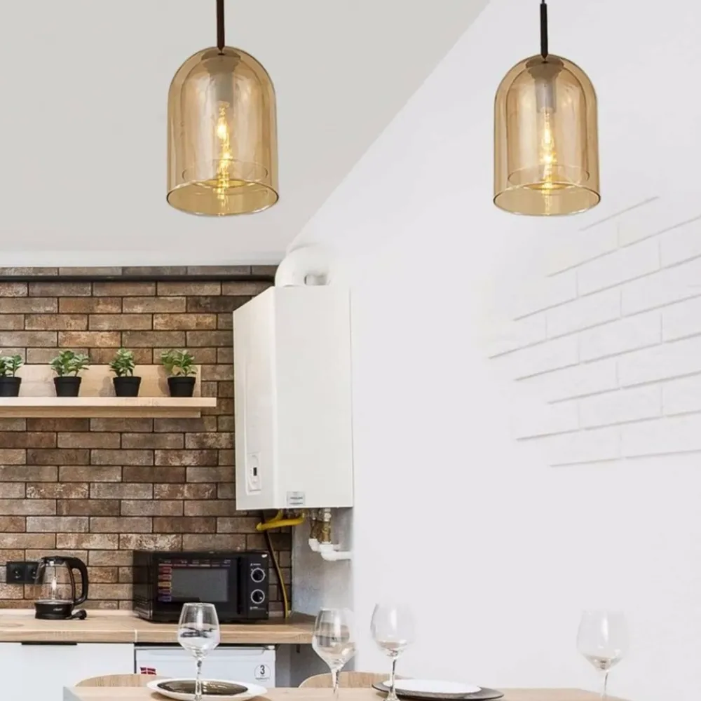 Lampade A Sospensione-Selezionato da Mazzolaluce Lampada a sospensione doppio vetro ambra trasparente per isola cucina