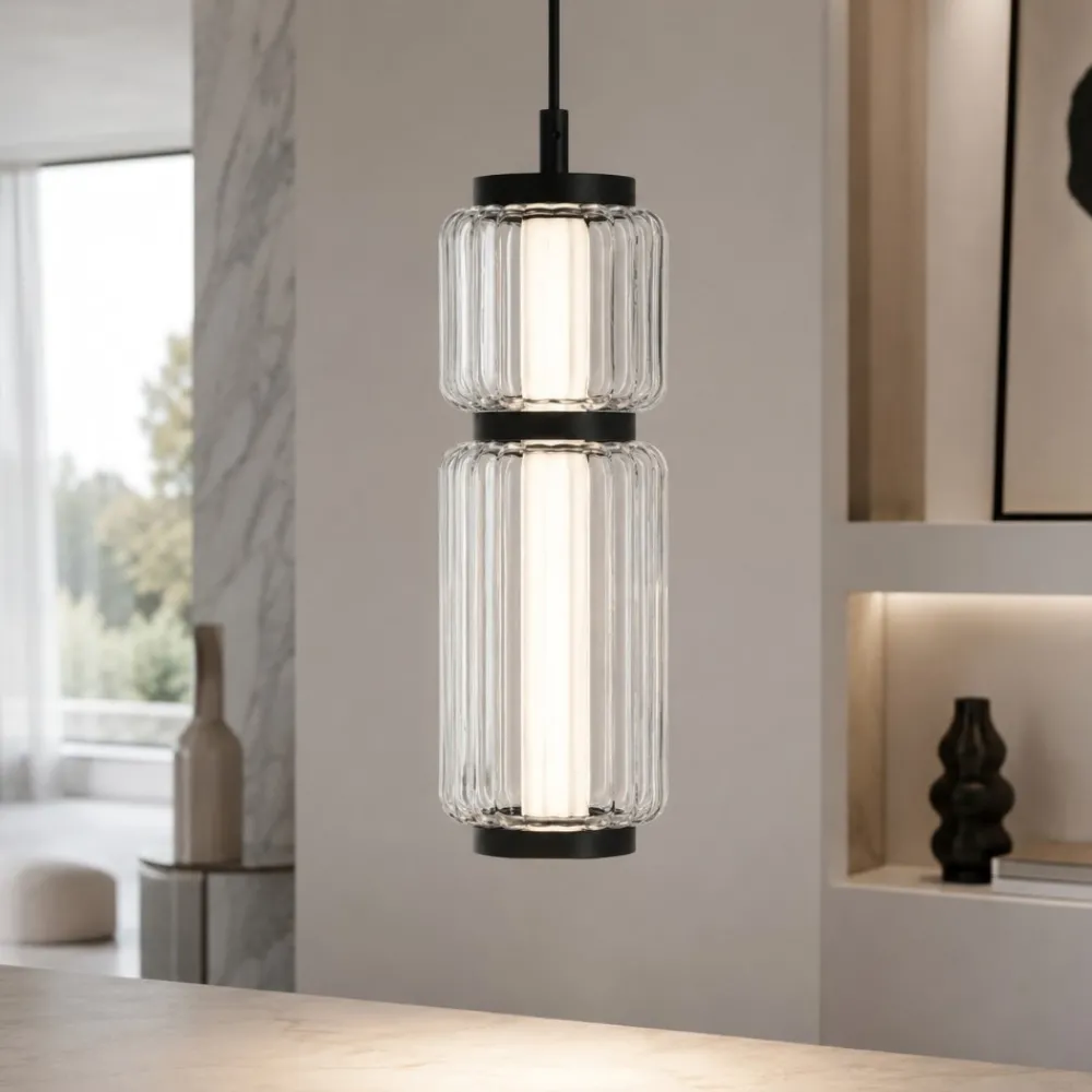 Lampade A Sospensione-Selezionato da Mazzolaluce Lampada a sospensione led nera tubolare in vetro trasparente rigato