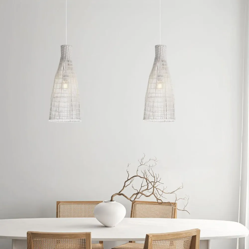 Lampade A Sospensione-Selezionato da Mazzolaluce Lampada a sospensione rattan naturale bianco cono 24cm per isola cucina