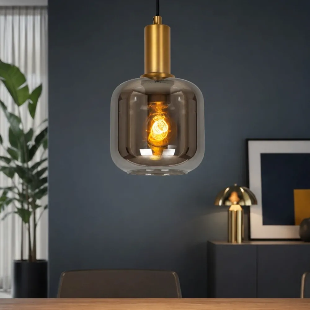 Lampade A Sospensione-Selezionato da Mazzolaluce Lampada a sospensione sfera vetro fume metallo oro cavo tessuto