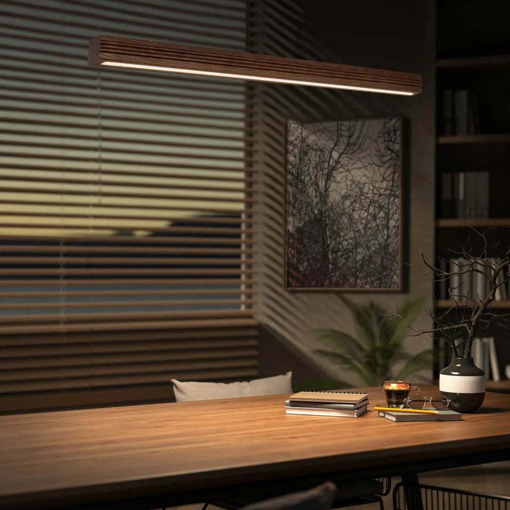 Lampadari Moderni-Selezionato da Mazzolaluce Lampada barra a sospensione di legno noce per tavolo soggiorno moderno