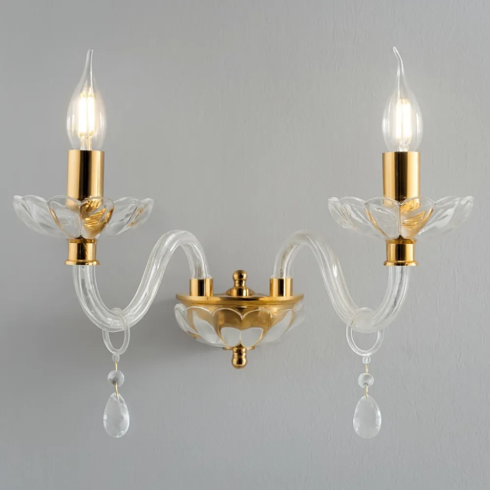 Applique Da Parete-Ondaluce Lampada 2 bracci di cristallo trasparente oro brigida