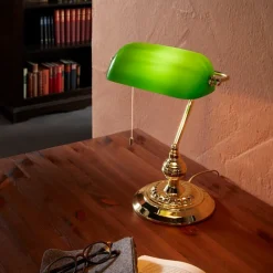 Lampade Da Tavolo-Eglo Lampada classica da scrivania churchill ottone vetro verde con cordicella banker
