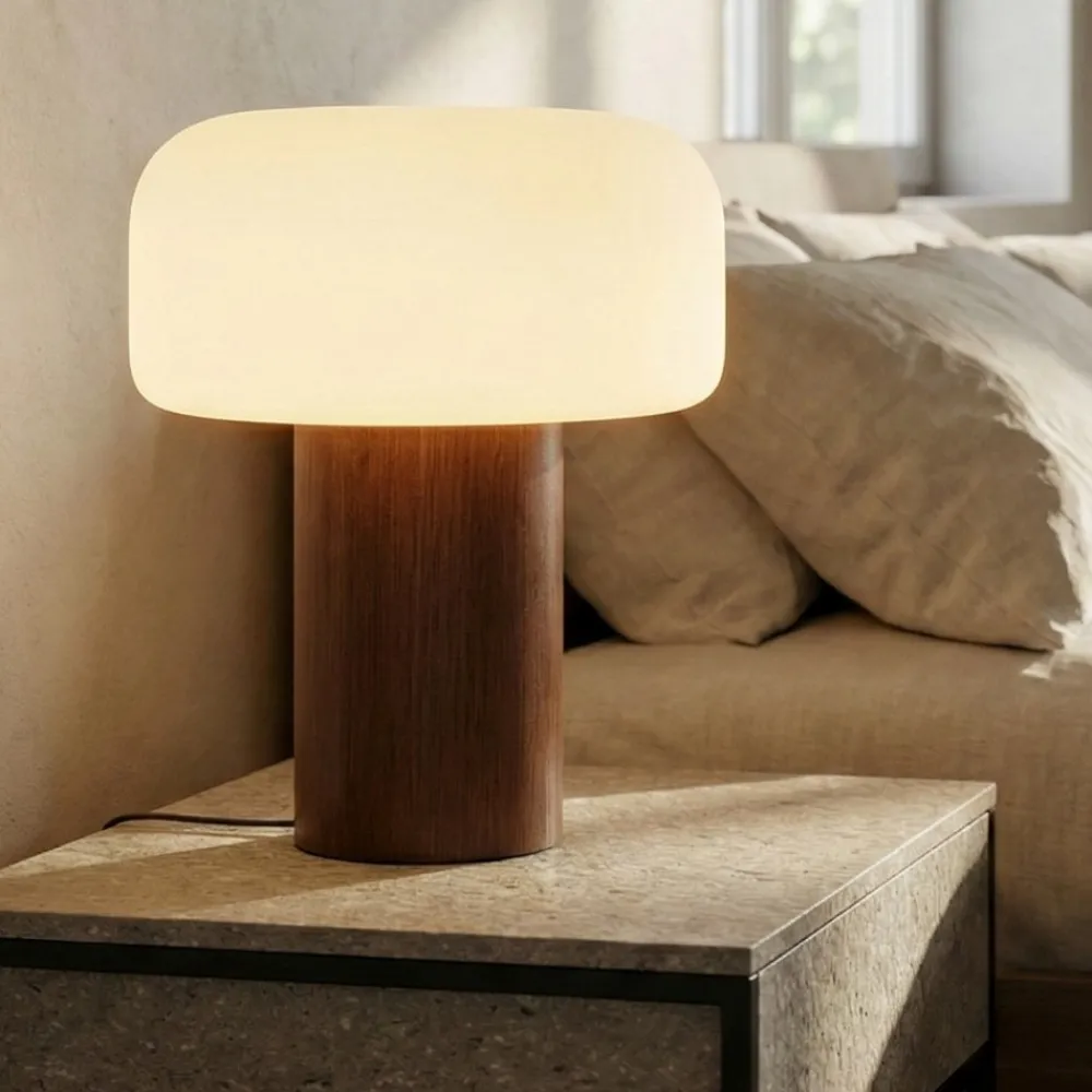 Abat Jour-Selezionato da Mazzolaluce Lampada da comodino moderna fungo in legno sfera in vetro