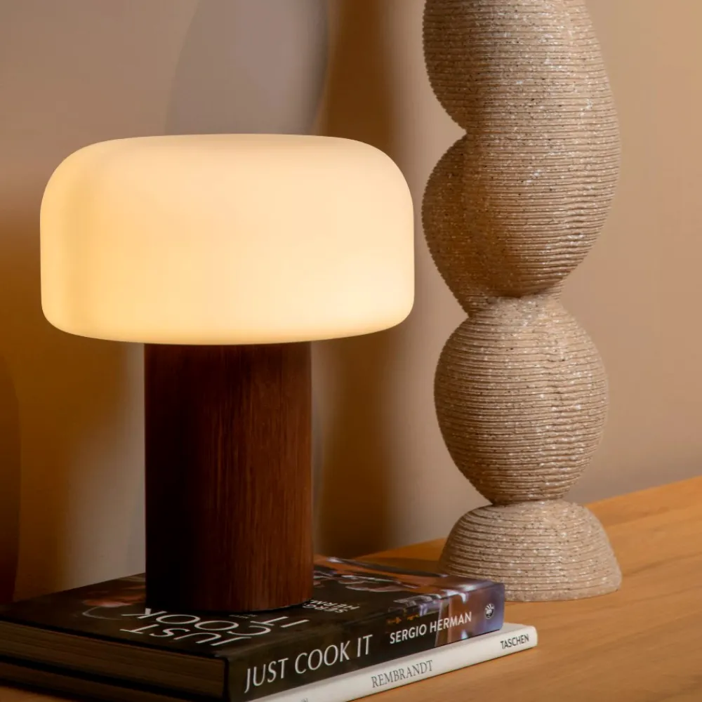 Abat Jour-Selezionato da Mazzolaluce Lampada da comodino moderna fungo in legno sfera in vetro