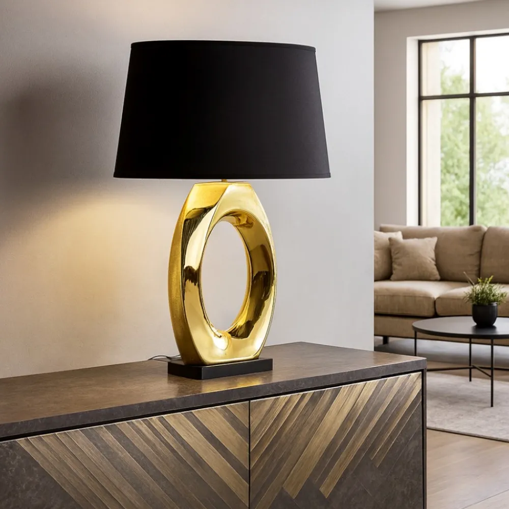 Lampade Da Tavolo-Selezionato da Mazzolaluce Lampada da tavolo in ceramica oro lucido paralume nero