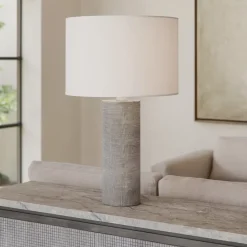 Lampade Da Tavolo-Perenz Illuminazione Lampada da tavolo tribale perenz grigio cemento paralume tessuto