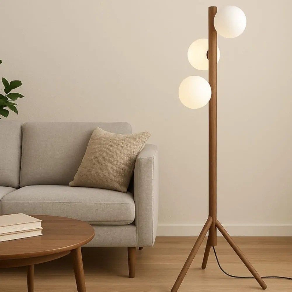 Lampade Da Terra-Selezionato da Mazzolaluce Lampada da terra di legno noce stile scandinavo sfere vetro bianco