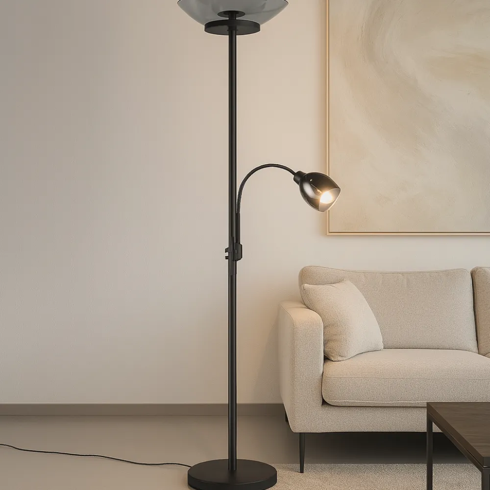 Lampade Da Terra-Selezionato da Mazzolaluce Lampada da terra doppia luce orientabile metallo nero e vetro fume