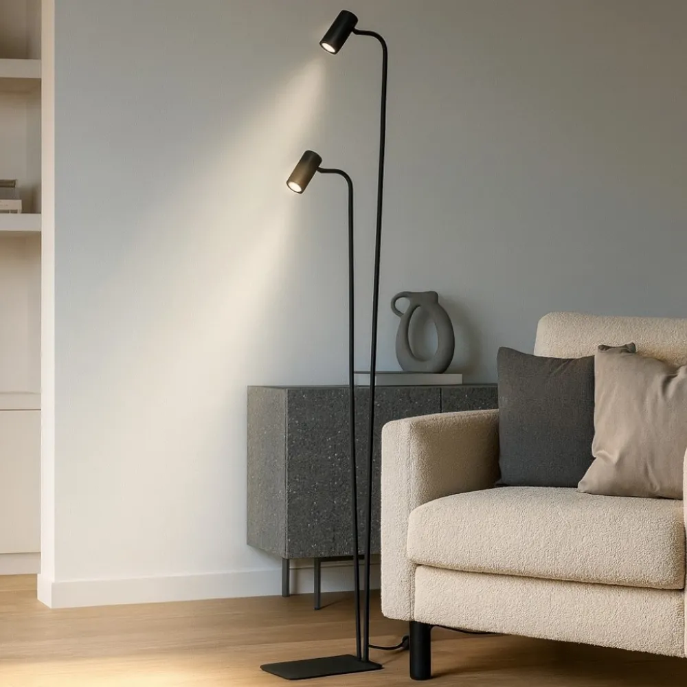 Lampade Da Terra-Ideal Lux Lampada da terra ginger pt2 nera doppia luce orientabile