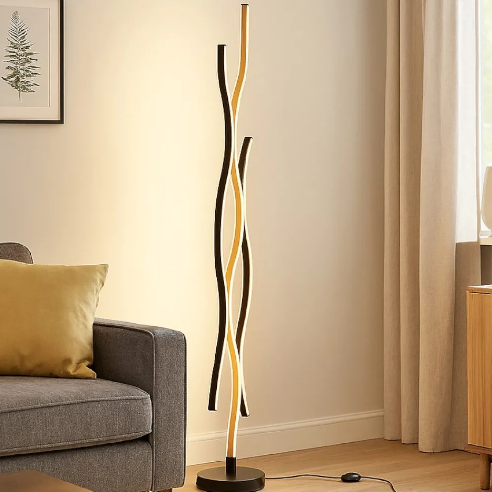 Lampade Da Terra-Selezionato da Mazzolaluce Lampada da terra led nero marrone effetto legno design moderna per soggiorno