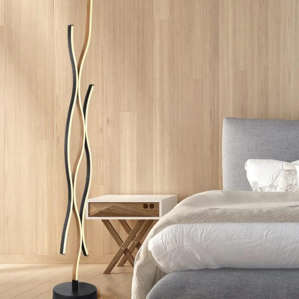 Lampade Da Terra-Selezionato da Mazzolaluce Lampada da terra led nero marrone effetto legno design moderna per soggiorno