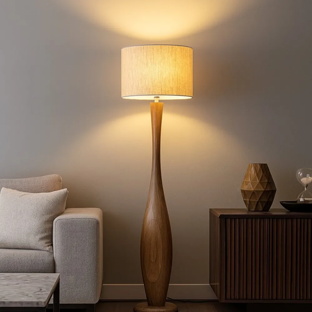 Lampade Da Terra-Selezionato da Mazzolaluce Lampada da terra piantana di legno per salotto paralume di juta