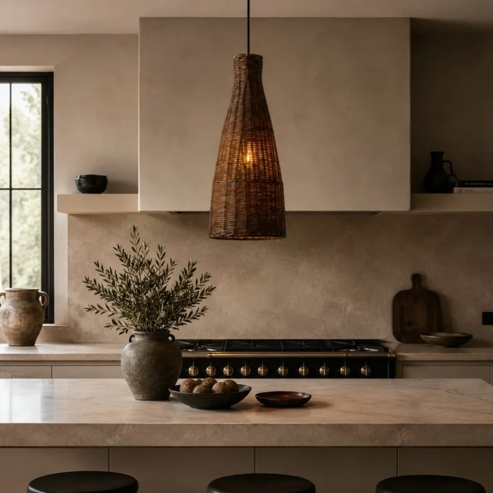 Lampade A Sospensione-Selezionato da Mazzolaluce Lampada di rattan marrone intrecciato a sospensione per isola cucina