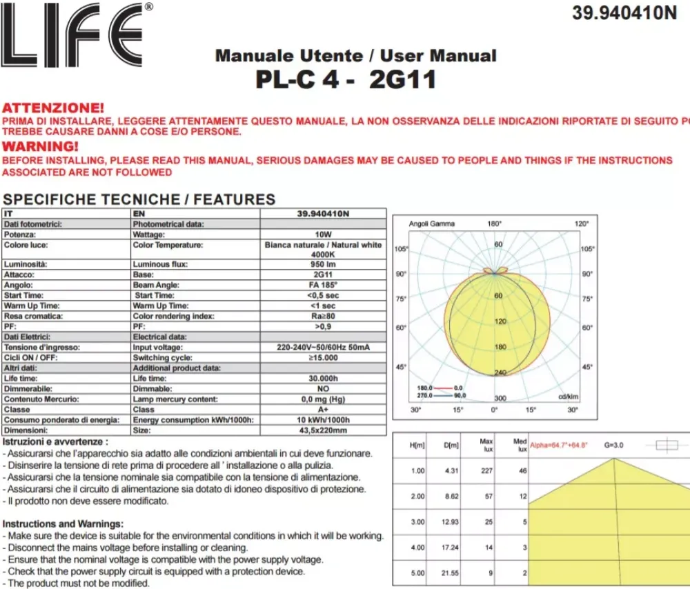 Lampadine Led-Top Light Lampada 2g11 led 10w 1000 lumen 4000k luce naturale