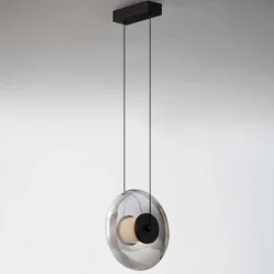 Lampade A Sospensione-Selezionato da Mazzolaluce Lampada led a sospensione nera disco di vetro fume