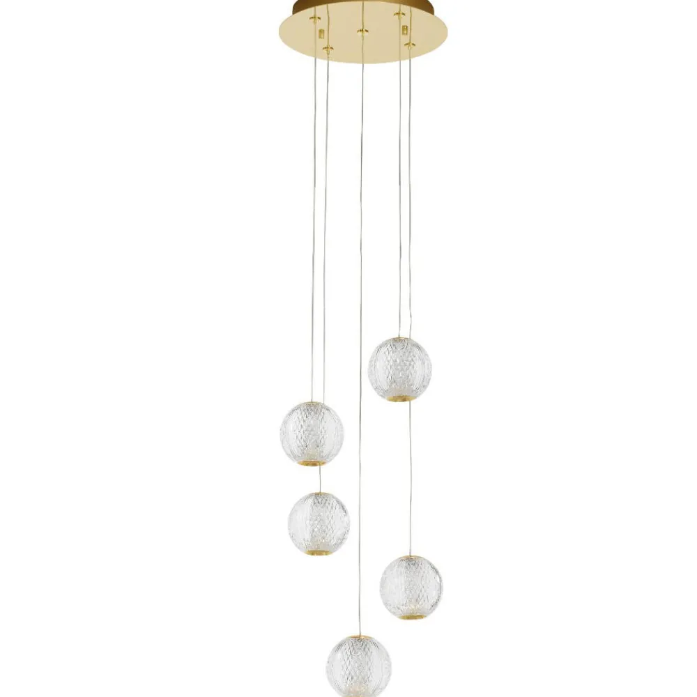 Lampadari Moderni-Selezionato da Mazzolaluce Lampadario a cascata per soggiorno 5 sfere trasparenti oro