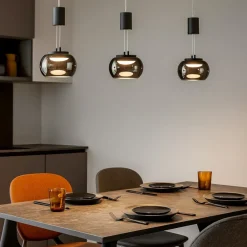 Lampadari Moderni-Selezionato da Mazzolaluce Lampadario a led tre luci per soggiorno nero vetri fume dimmerabile 3000k