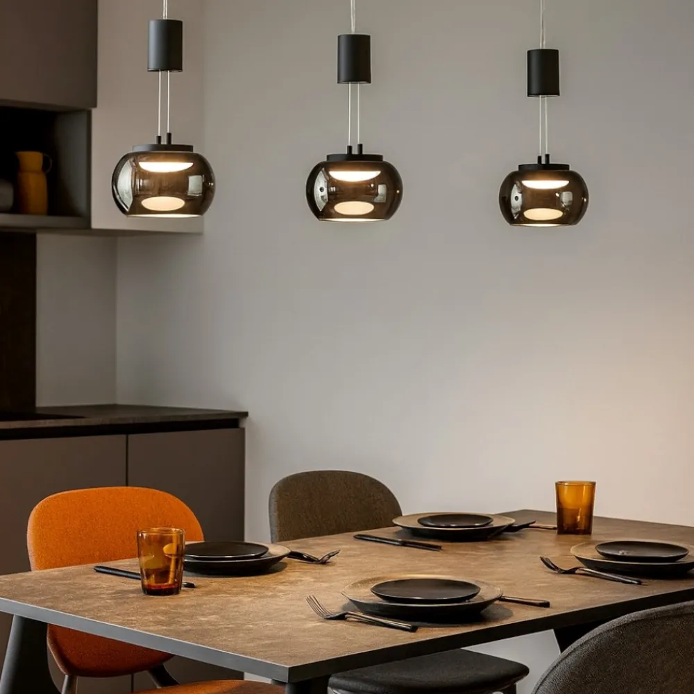 Lampadari Moderni-Selezionato da Mazzolaluce Lampadario a led tre luci per soggiorno nero vetri fume dimmerabile 3000k
