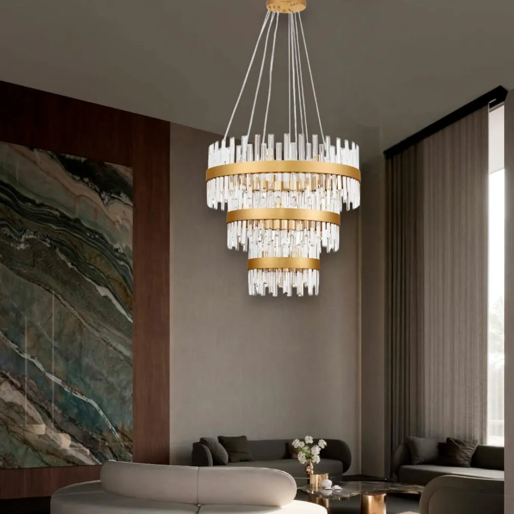 Lampadari Moderni-Selezionato da Mazzolaluce Lampadario anelli oro con cristalli trasparenti stile contemporaneo