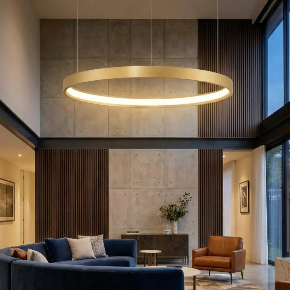 Lampadari Moderni-Selezionato da Mazzolaluce Lampadario anello a sospensione oro spazzolato led 40w 3000k moderno