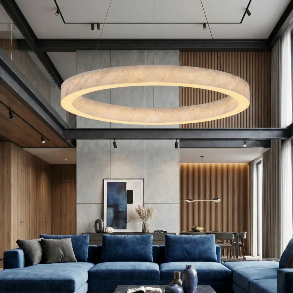 Lampadari Moderni-Selezionato da Mazzolaluce Lampadario anello led pietra di marmo naturale bianco per soggiorno