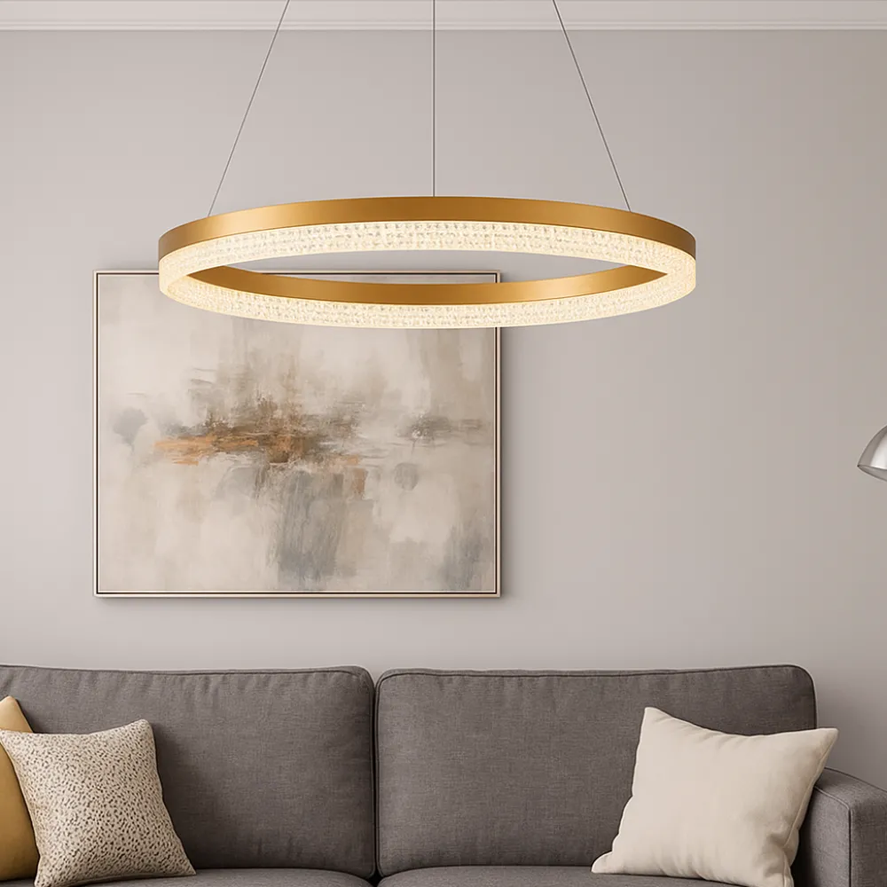 Lampadari Moderni-Selezionato da Mazzolaluce Lampadario anello moderno oro 60cm spazzolato cristalli led 3000k dimmerabile