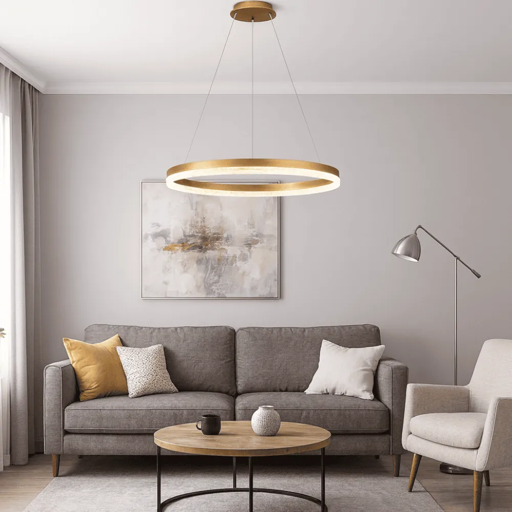 Lampadari Moderni-Selezionato da Mazzolaluce Lampadario anello moderno oro 60cm spazzolato cristalli led 3000k dimmerabile