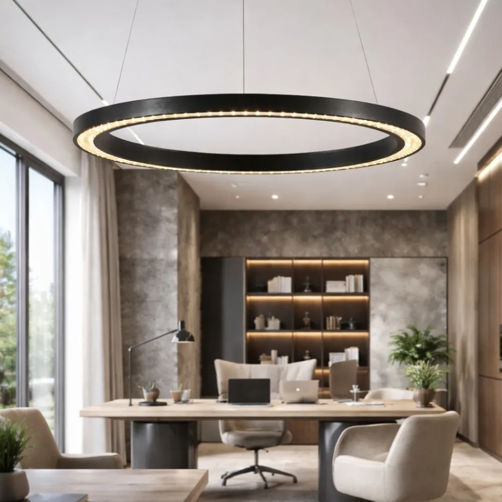 Lampadari Moderni-Selezionato da Mazzolaluce Lampadario anello nero 65cm led 27w 3000k per ufficio moderno