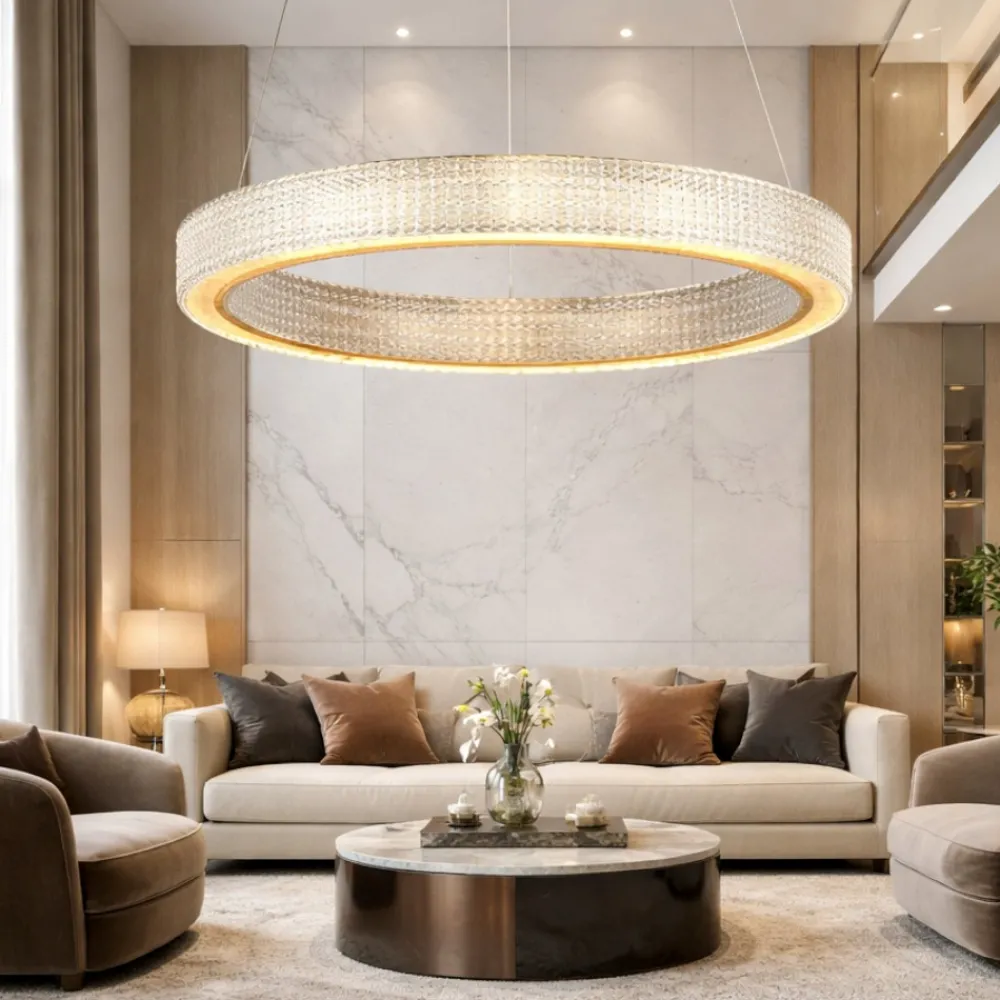 Lampadari Moderni-Selezionato da Mazzolaluce Lampadario anello oro effetto cristallo led 70w 3000k per salotto