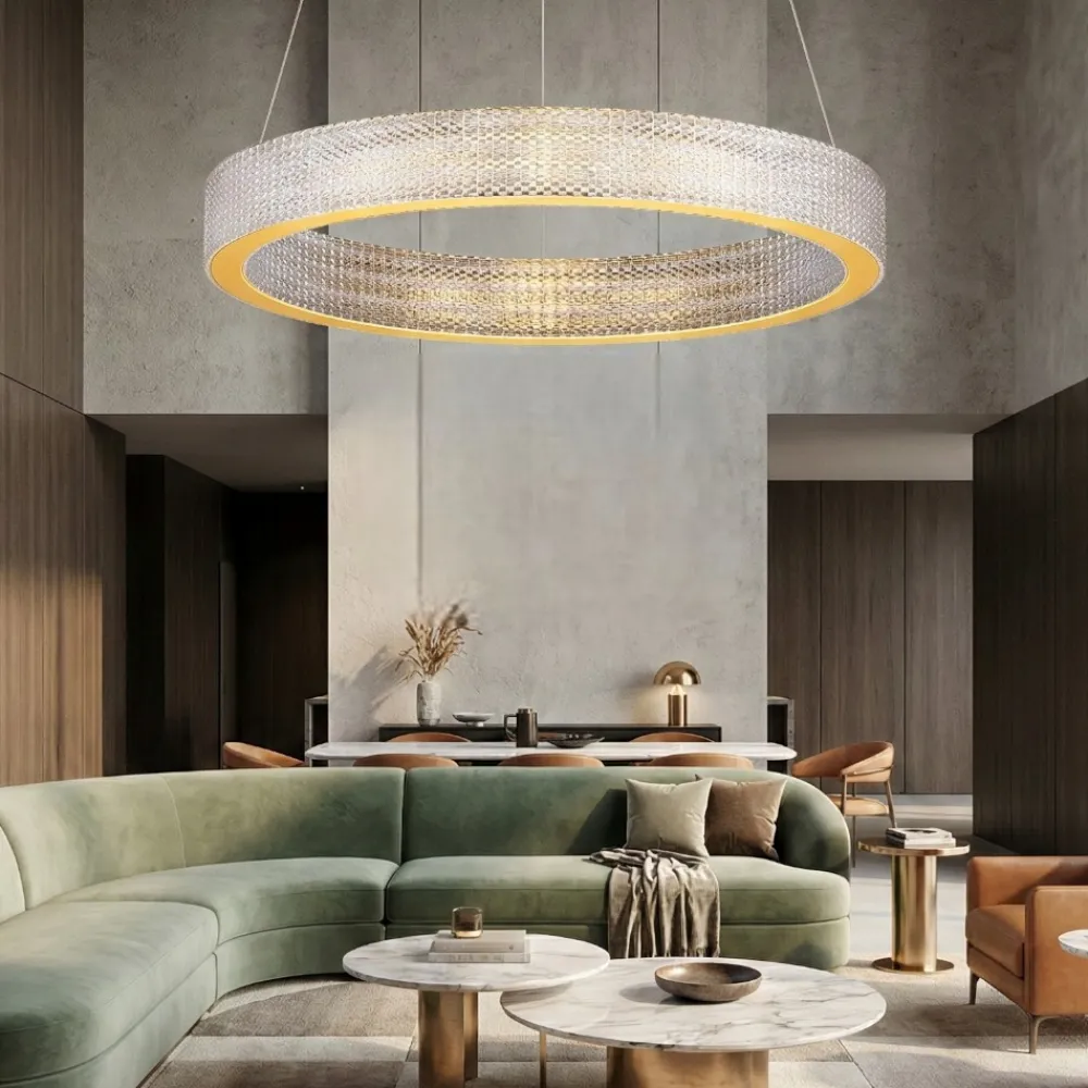 Lampadari Moderni-Selezionato da Mazzolaluce Lampadario anello oro effetto cristallo led 70w 3000k per salotto