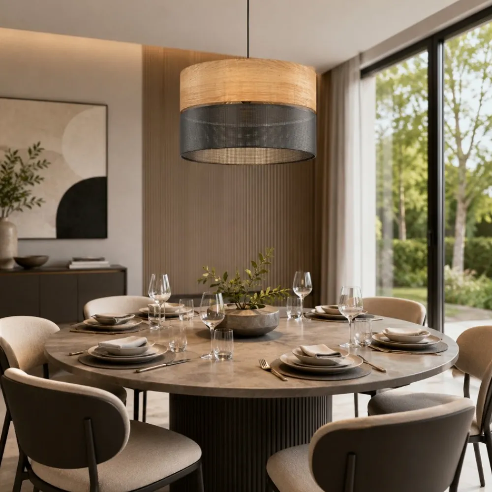 Lampadari Moderni-Selezionato da Mazzolaluce Lampadario a sospensione cilindro quercia nero bicolore per soggiorno