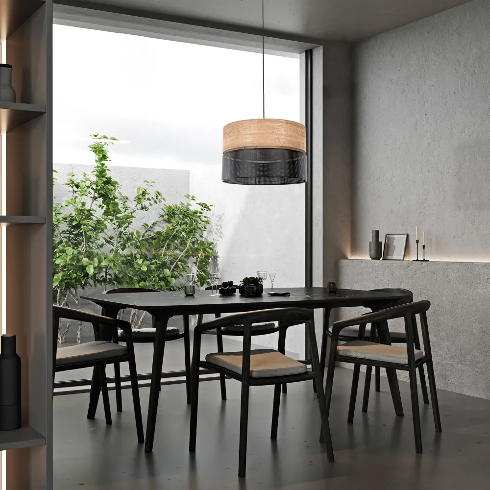 Lampadari Moderni-Selezionato da Mazzolaluce Lampadario a sospensione cilindro quercia nero bicolore per soggiorno