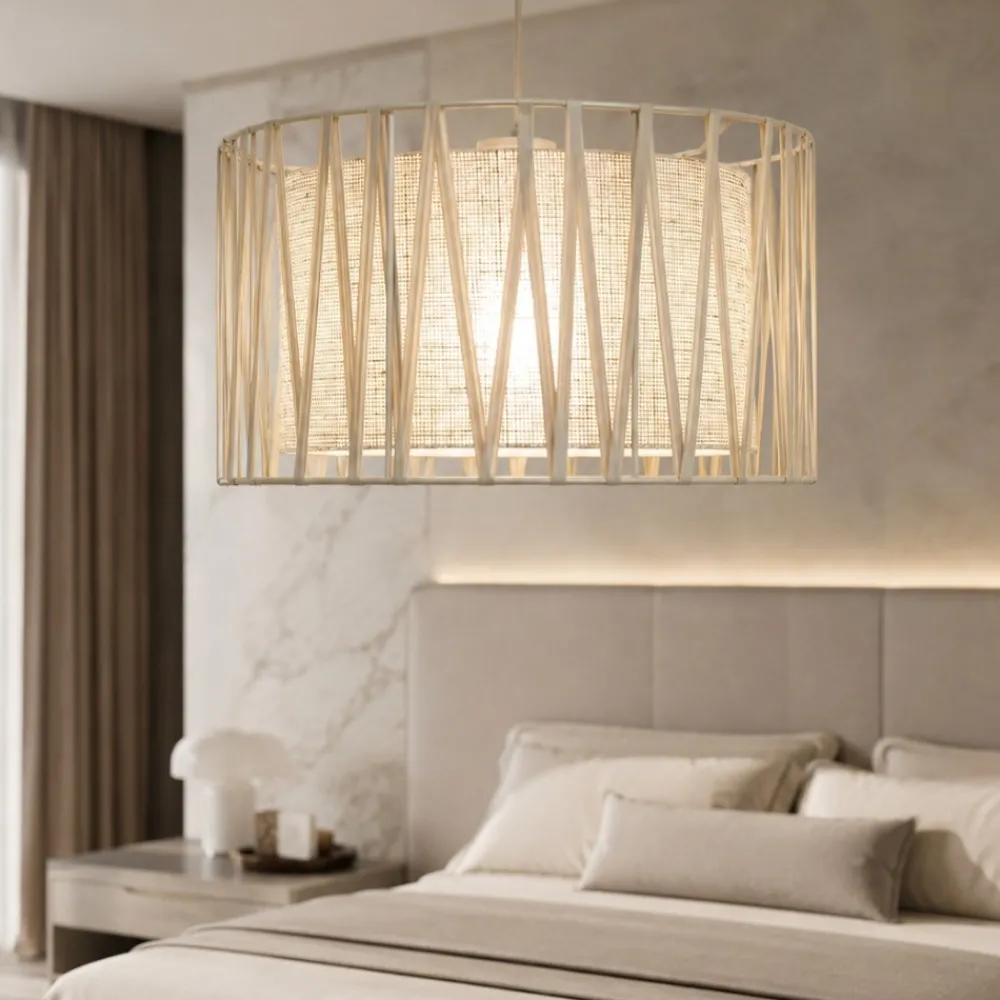 Lampadario Camera Da Letto-Selezionato da Mazzolaluce Lampadario a sospensione cilindro tessuto sabbia 40 cm per camera da letto
