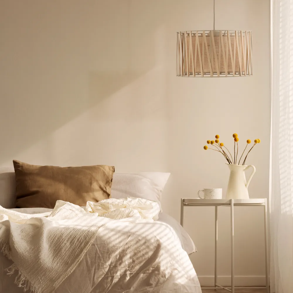 Lampadario Camera Da Letto-Selezionato da Mazzolaluce Lampadario a sospensione cilindro tessuto sabbia 40 cm per camera da letto