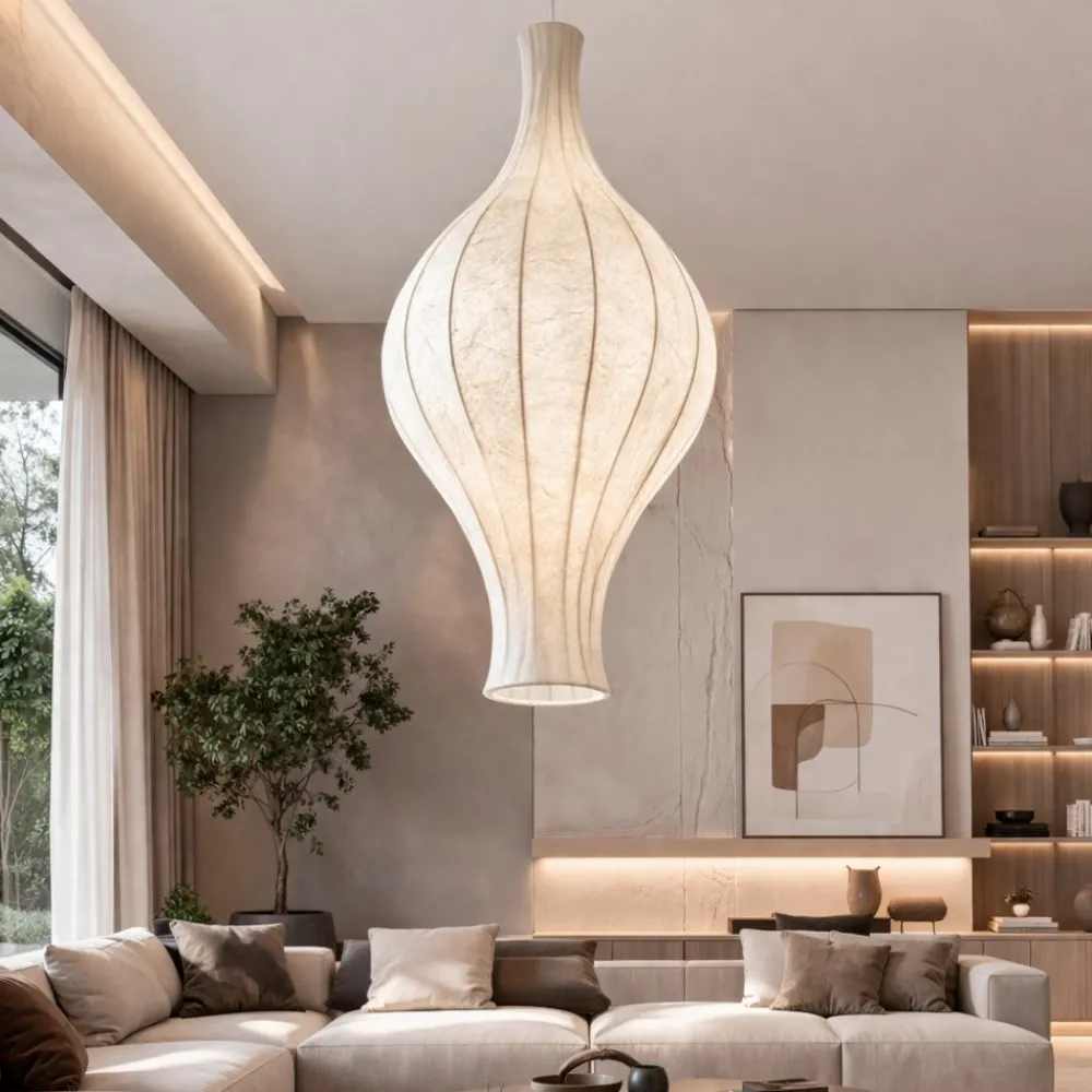 Lampadari Moderni-Selezionato da Mazzolaluce Lampadario a sospensione design seta di gelso naturale bianco sabbia