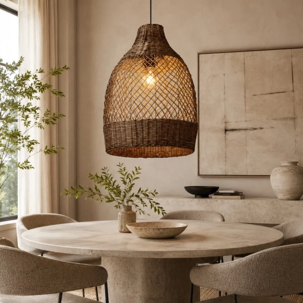 Lampadari Moderni-Selezionato da Mazzolaluce Lampadario a sospensione di rattan marrone intrecciato per sala da pranzo