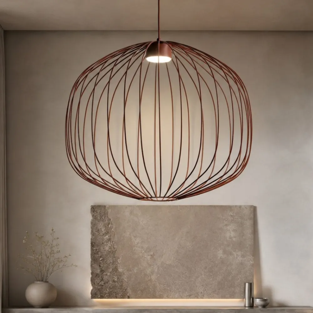 Lampadari Moderni-Selezionato da Mazzolaluce Lampadario a sospensione gabbia di metallo rosso mattone design moderno per soggiorno